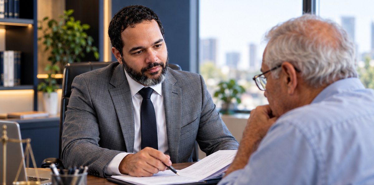 Advogado conversando com cliente idoso sobre documentos previdenciários Advogado conversando com cliente idoso sobre documentos previdenciários