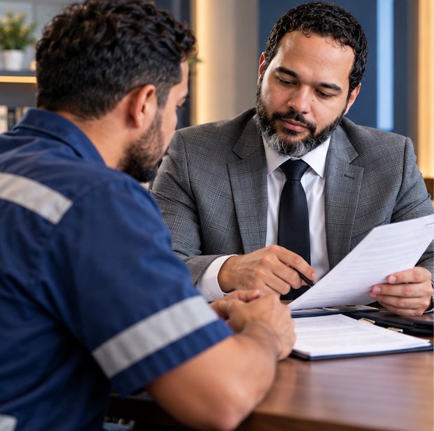 Advogado analisando documentos com trabalhador para orientar sobre benefício previdenciário Advogado analisando documentos com trabalhador para orientar sobre benefício previdenciário